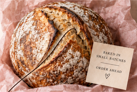 Artisan sourdough loaf on pink paper with a card reading baked in small batches, order ahead